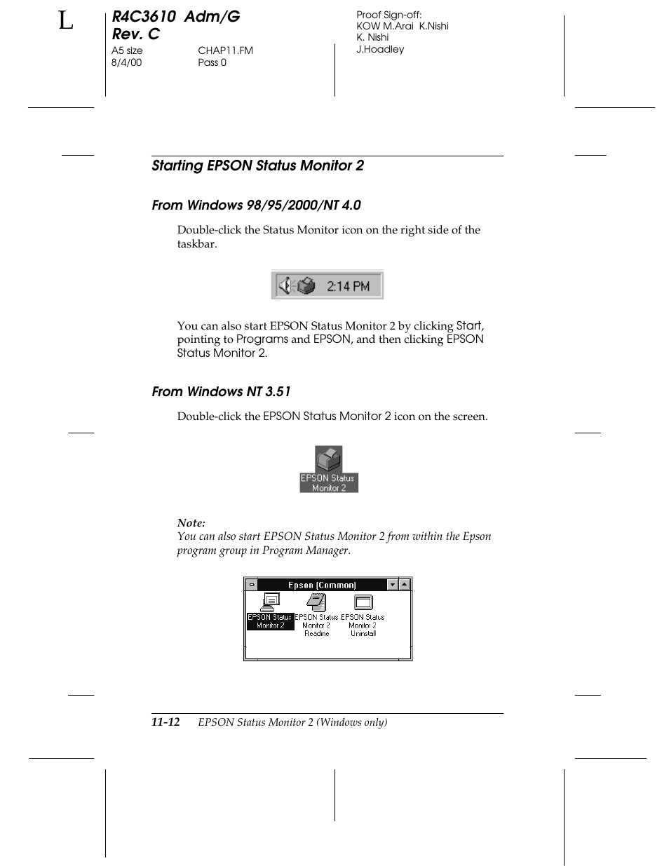 Starting epson status monitor 2, From windows 98/ 95/ 2000/ nt 4.0, From windows nt 3.51 | Epson C82362 User Manual | Page 208 / 279