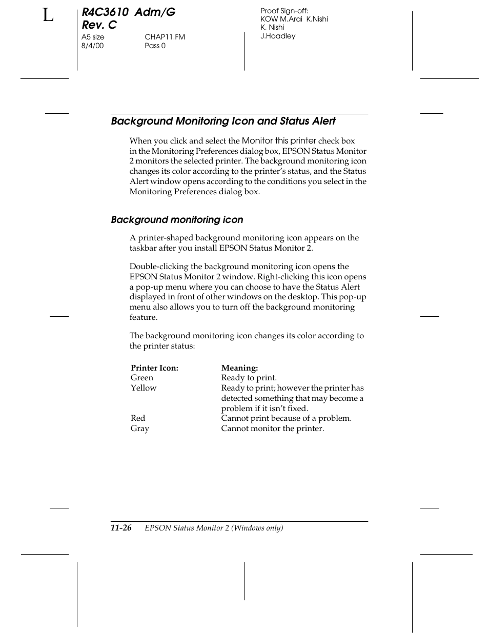 Background monitoring icon and status alert, Background monitoring icon | Epson C82362 User Manual | Page 222 / 279