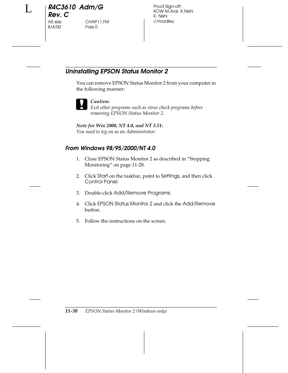 Uninstalling epson status monitor 2, From windows 98/ 95/ 2000/ nt 4.0 | Epson C82362 User Manual | Page 226 / 279