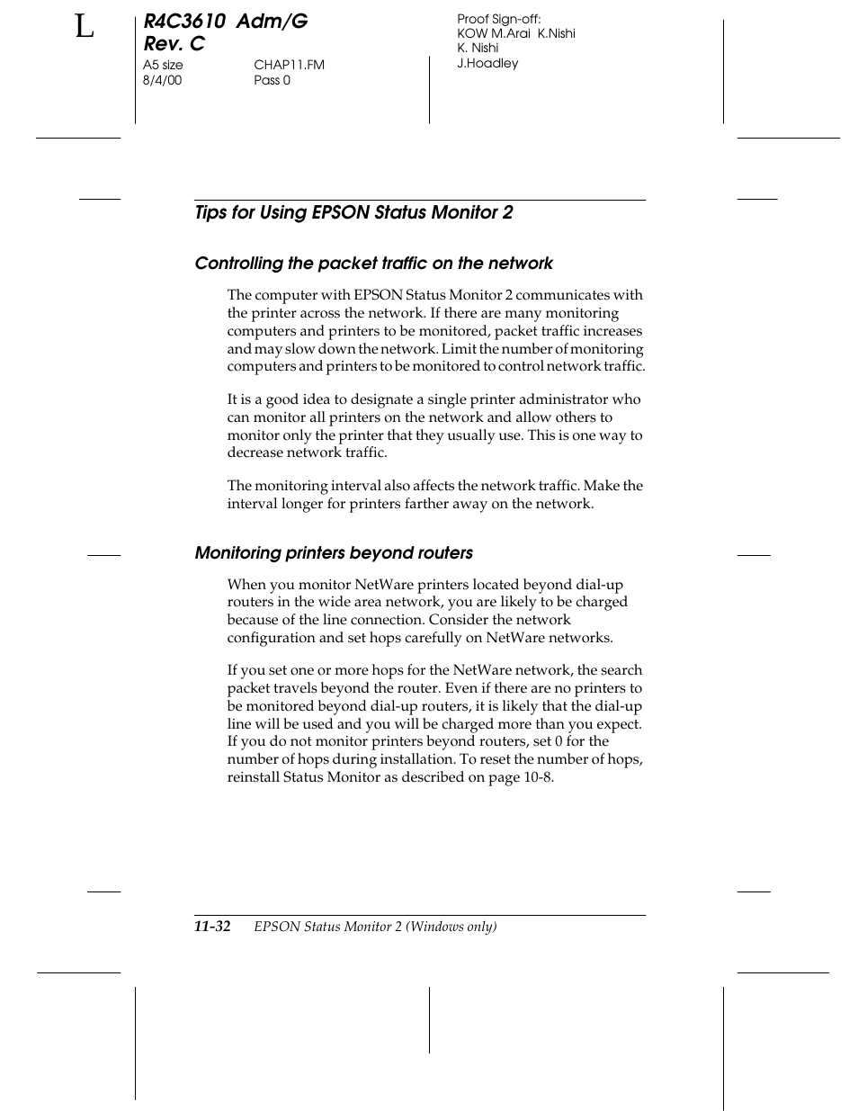 Tips for using epson status monitor 2, Controlling the packet traffic on the network, Monitoring printers beyond routers | Epson C82362 User Manual | Page 228 / 279