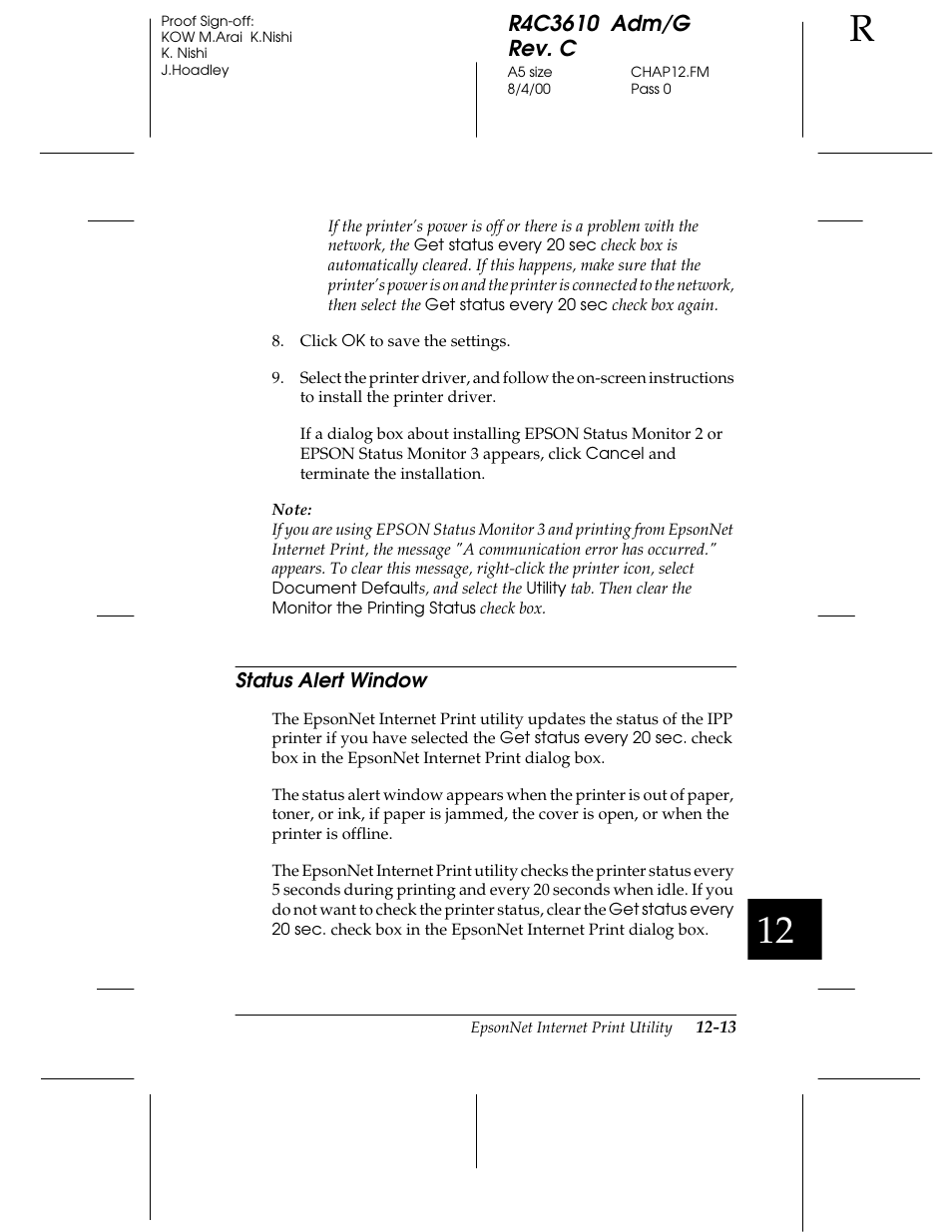 Status alert window | Epson C82362 User Manual | Page 243 / 279