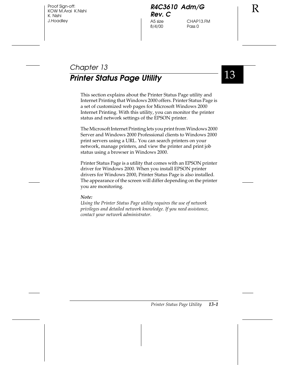 Printer status page utility, Chapter 13 | Epson C82362 User Manual | Page 245 / 279