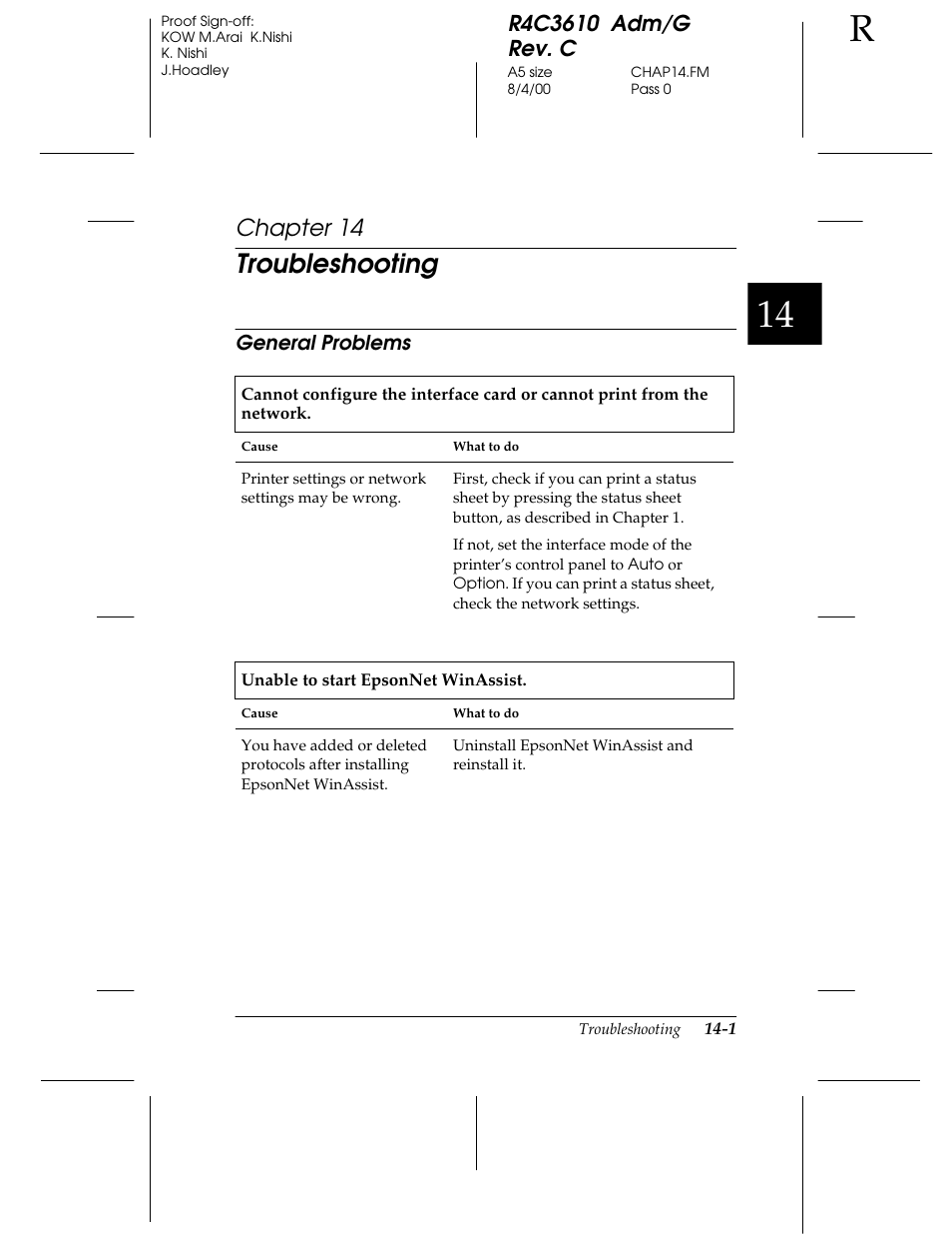 Chap 14-troubleshooting, General problems, Troubleshooting | Chapter 14 | Epson C82362 User Manual | Page 255 / 279