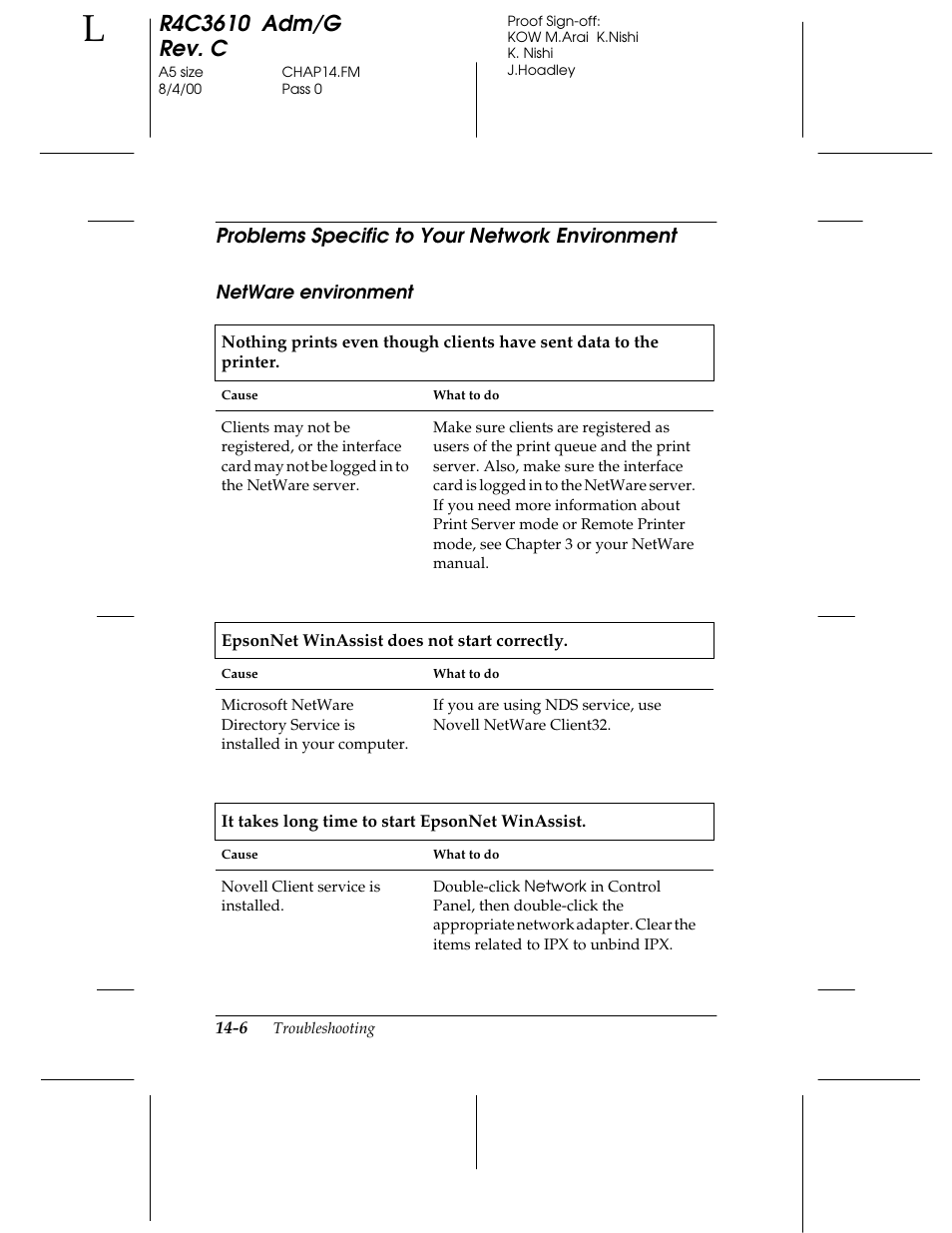 Problems specific to your network environment, Netware environment | Epson C82362 User Manual | Page 260 / 279