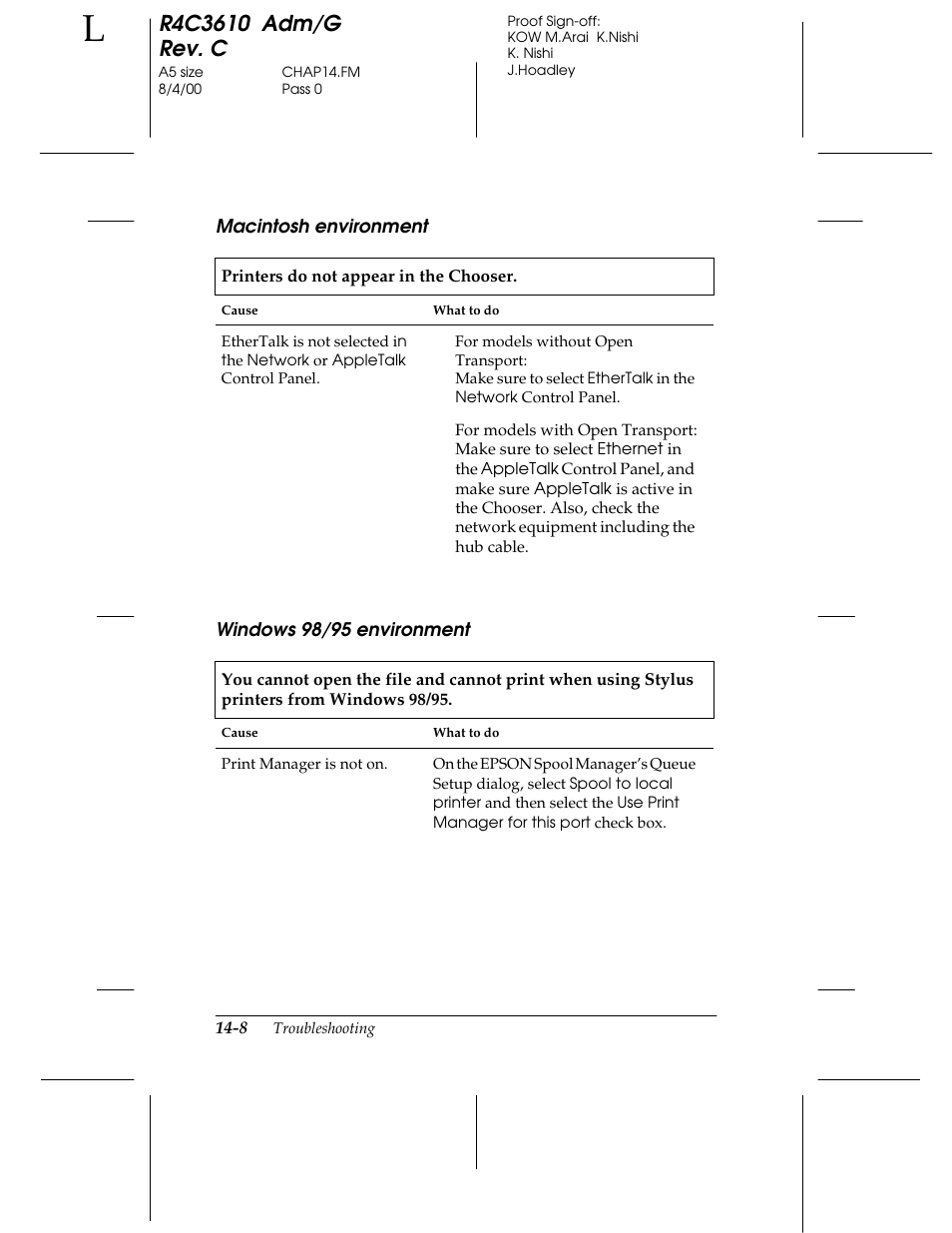 Macintosh environment, Windows 98/ 95 environment | Epson C82362 User Manual | Page 262 / 279
