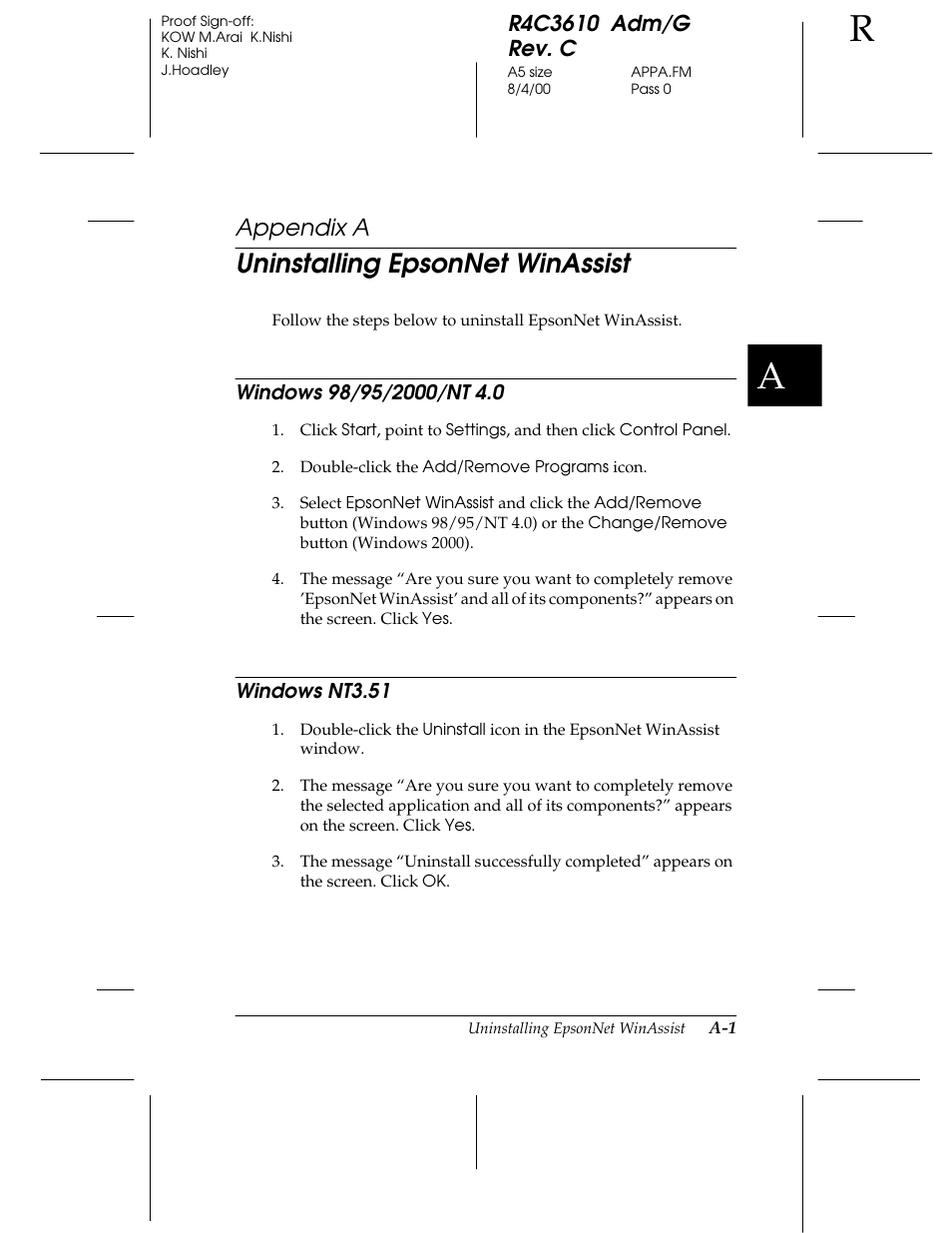 Appendix a-uninstalling epsonnet winassist, Windows 98/ 95/ 2000/ nt 4.0, Windows nt3.51 | Uninstalling epsonnet winassist, Appendix a | Epson C82362 User Manual | Page 269 / 279