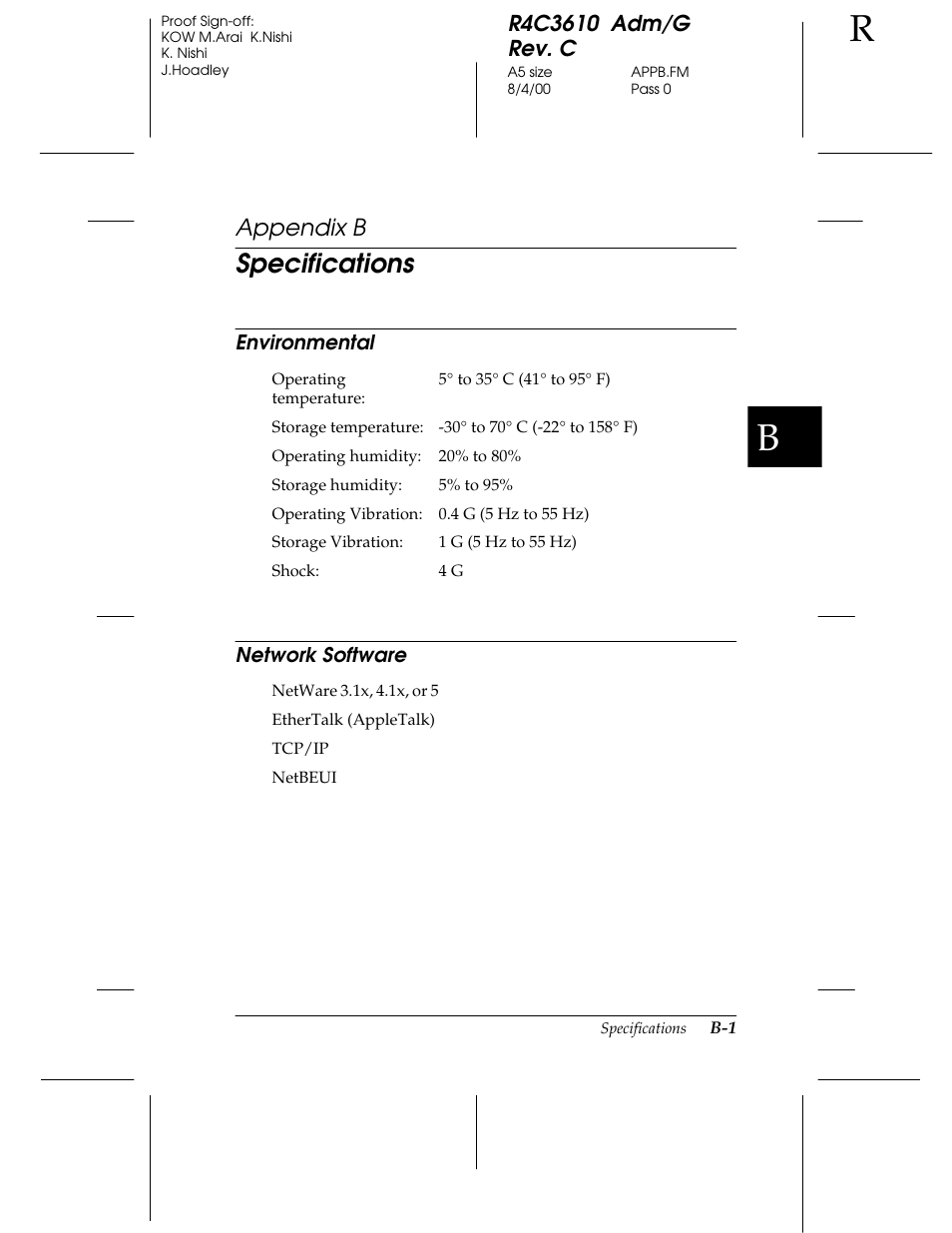 Appendix b-specifications, Environmental, Network software | Specifications, Appendix b | Epson C82362 User Manual | Page 271 / 279