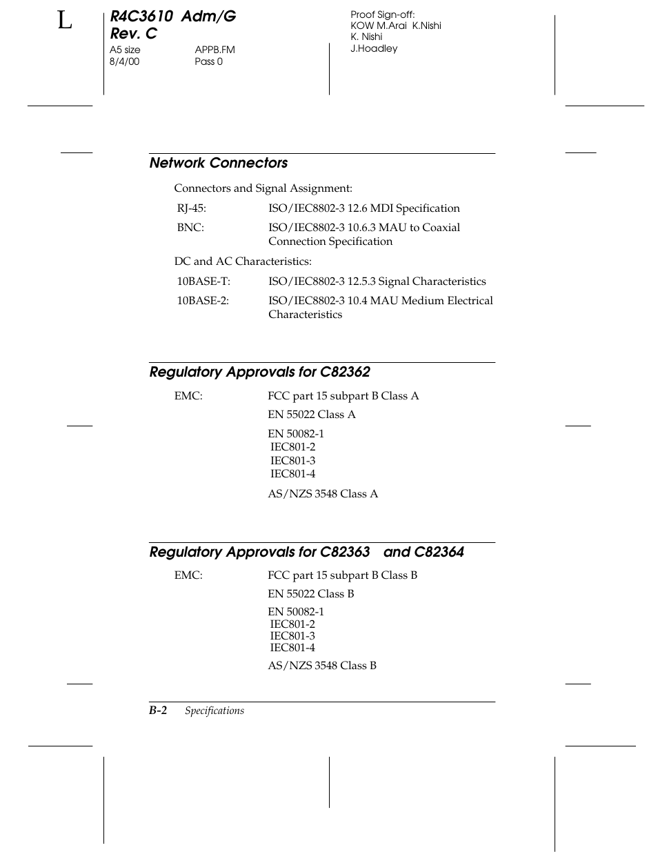 Network connectors, Regulatory approvals for c82362, Regulatory approvals for c82363 and c82364 | Epson C82362 User Manual | Page 272 / 279