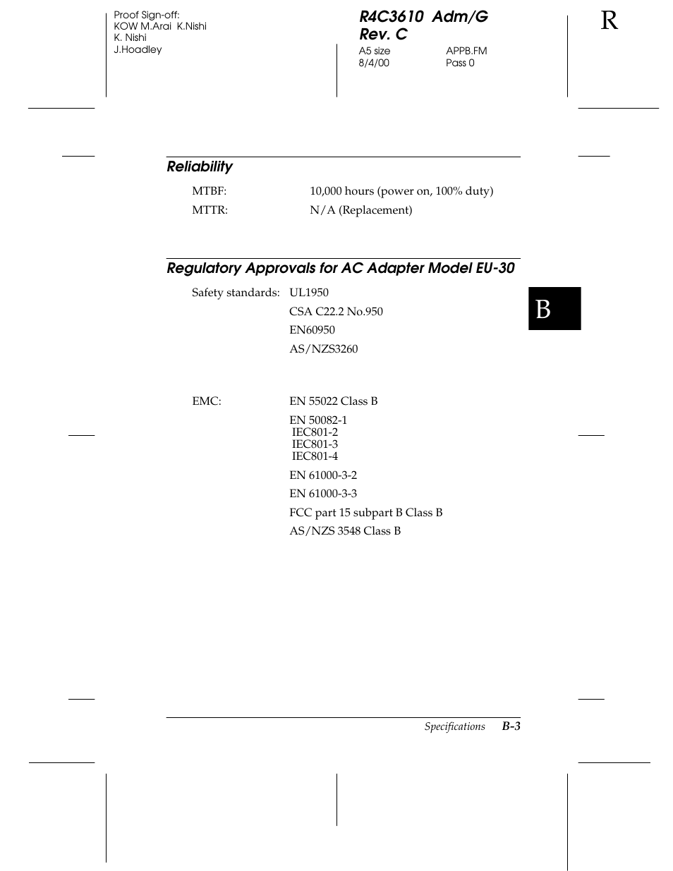 Reliability, Regulatory approvals for ac adapter model eu- 30 | Epson C82362 User Manual | Page 273 / 279