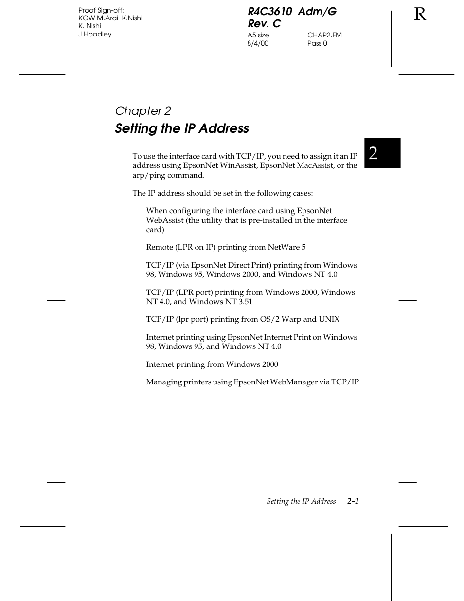 Chap 2-setting the ip address, Setting the ip address, Chapter 2 | Epson C82362 User Manual | Page 29 / 279