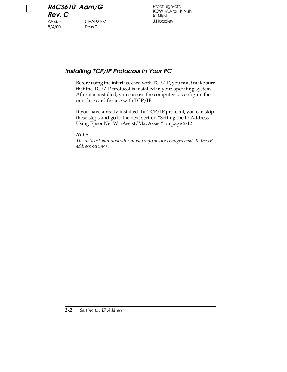 Installing tcp/ ip protocols in your pc | Epson C82362 User Manual | Page 30 / 279