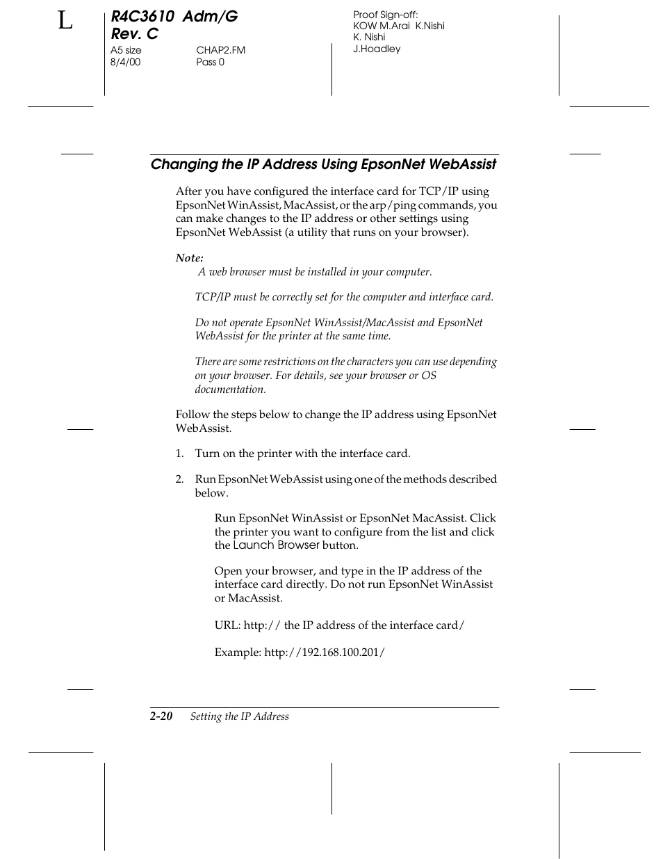 Changing the ip address using epsonnet webassist | Epson C82362 User Manual | Page 48 / 279