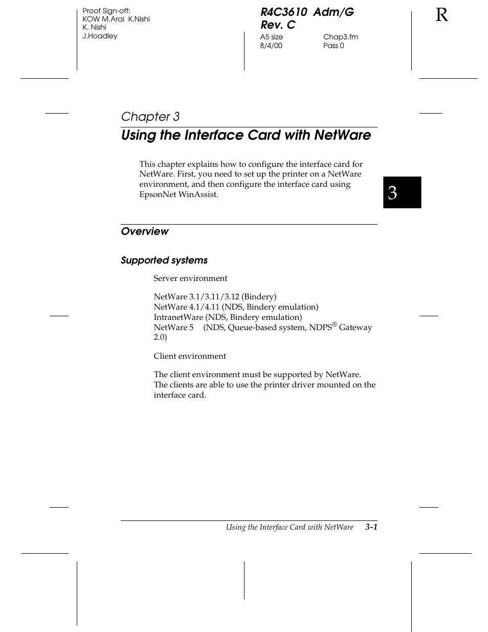 Chap 3-using the interface card with netware, Overview, Supported systems | Using the interface card with netware, Chapter 3 | Epson C82362 User Manual | Page 51 / 279