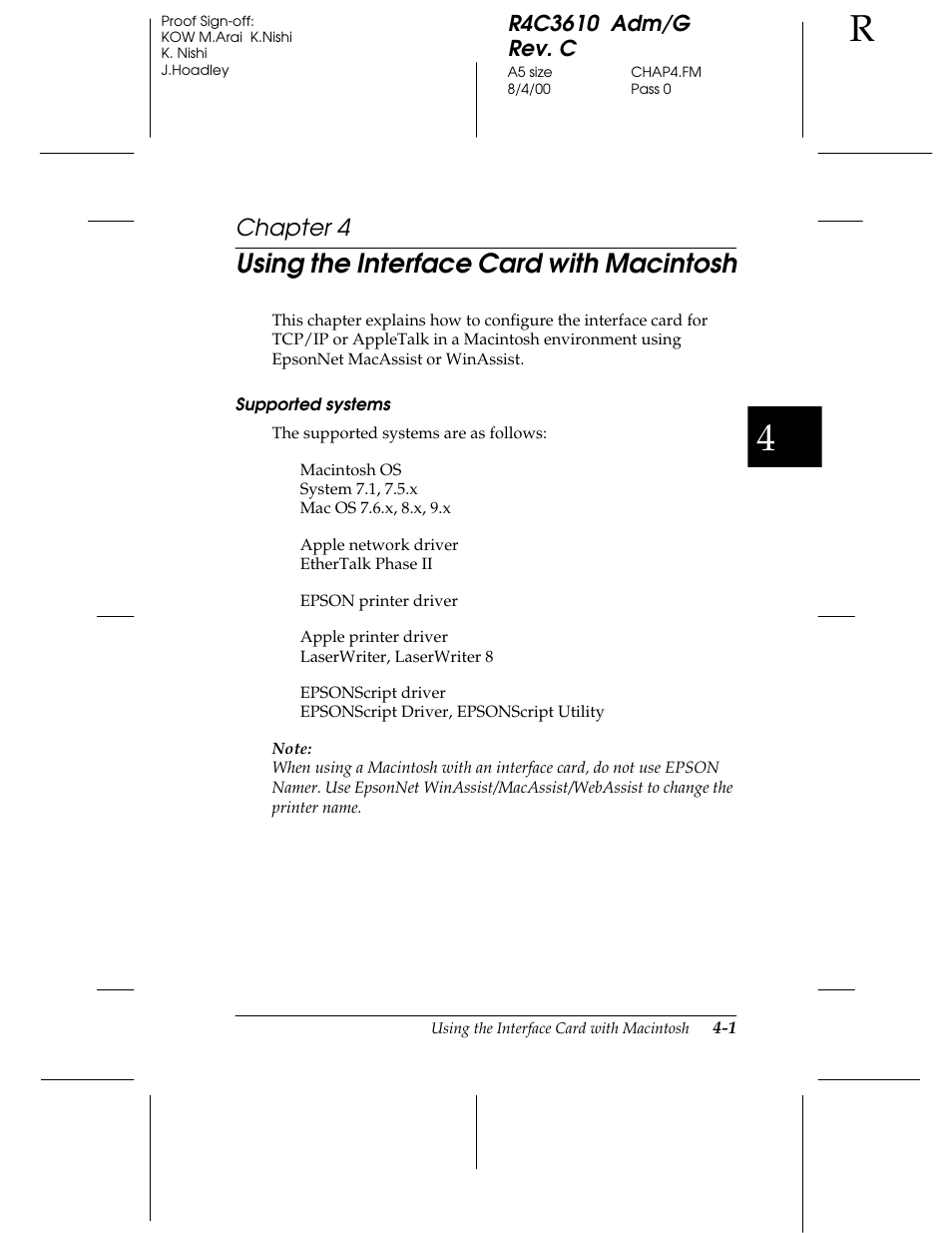 Chap 4-using the interface card with macintosh, Using the interface card with macintosh, Chapter 4 | Epson C82362 User Manual | Page 99 / 279