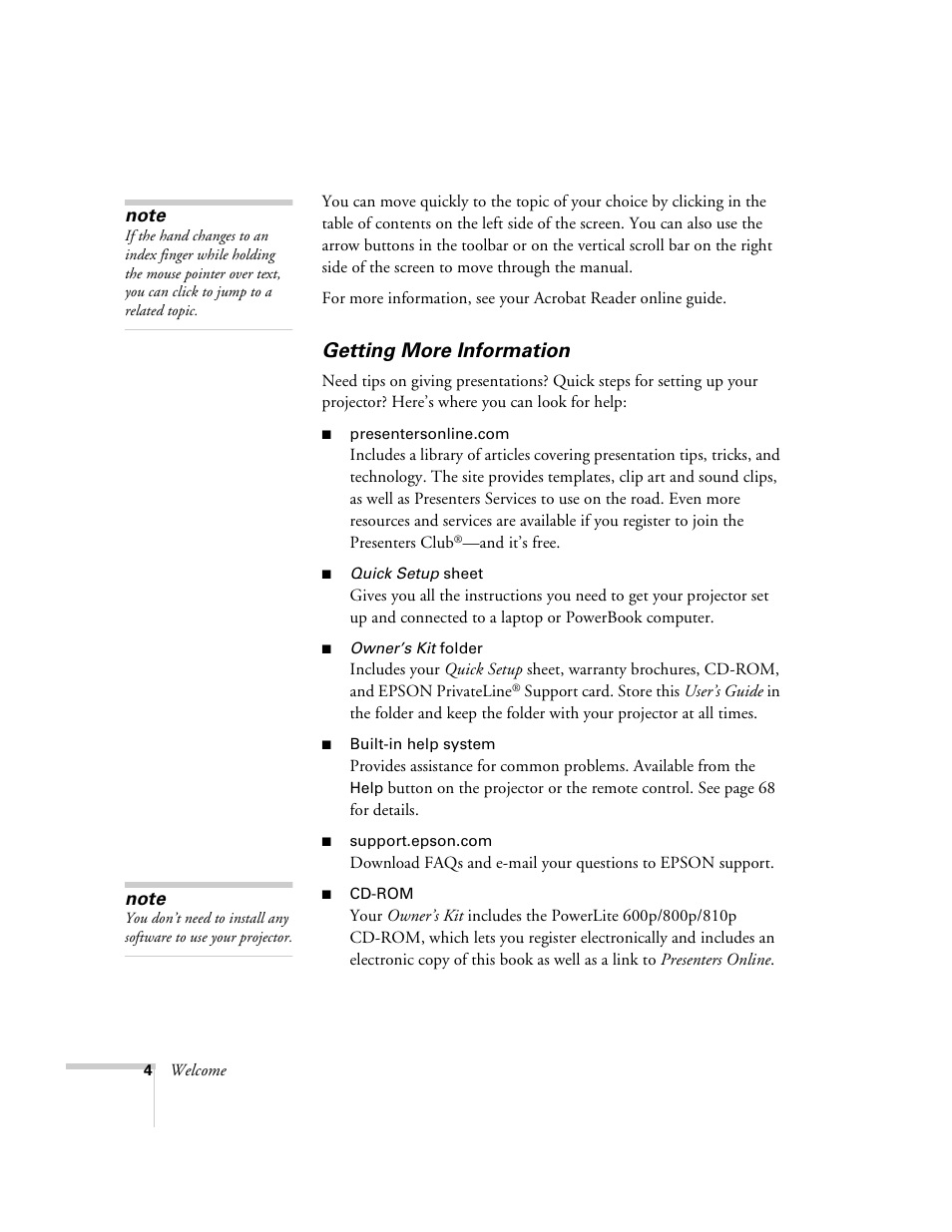 Getting more information | Epson 600p EN User Manual | Page 10 / 120