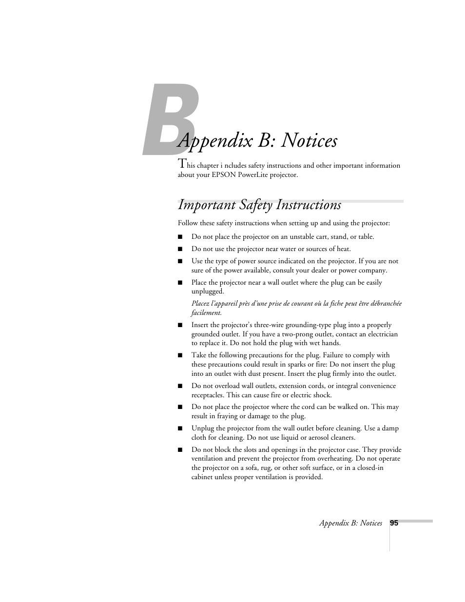 Appendix b-notices, Important safety instructions, Appendix b: notices | Epson 600p EN User Manual | Page 101 / 120