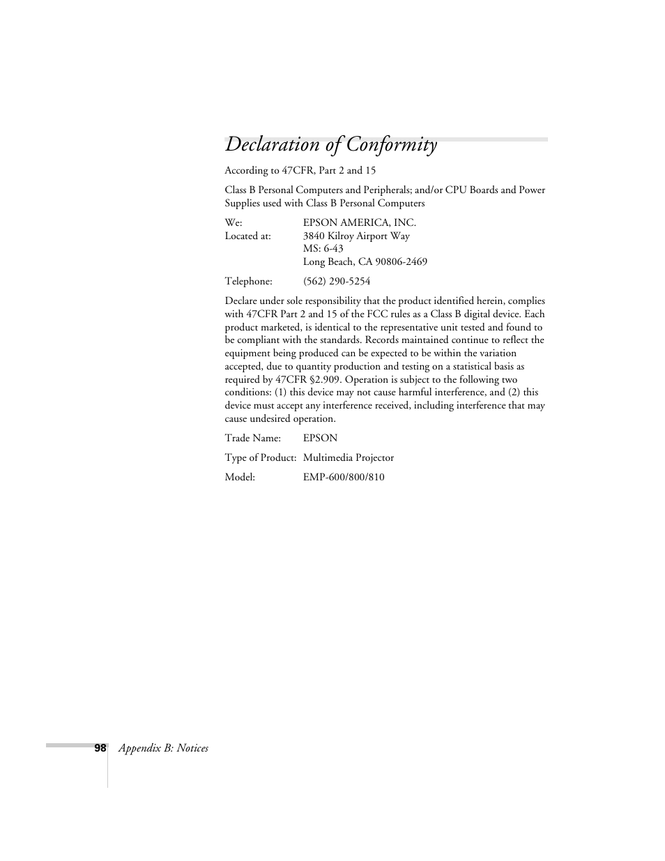 Declaration of conformity | Epson 600p EN User Manual | Page 104 / 120
