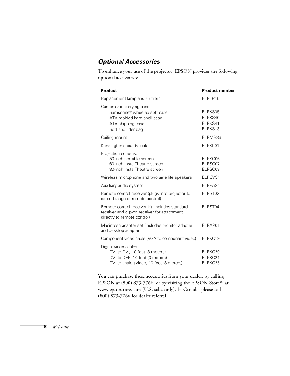 Optional accessories | Epson 600p EN User Manual | Page 14 / 120