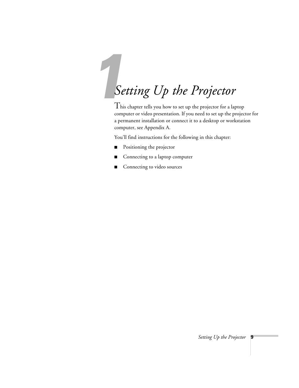 Chap 1-setting up the projector, Setting up the projector | Epson 600p EN User Manual | Page 15 / 120