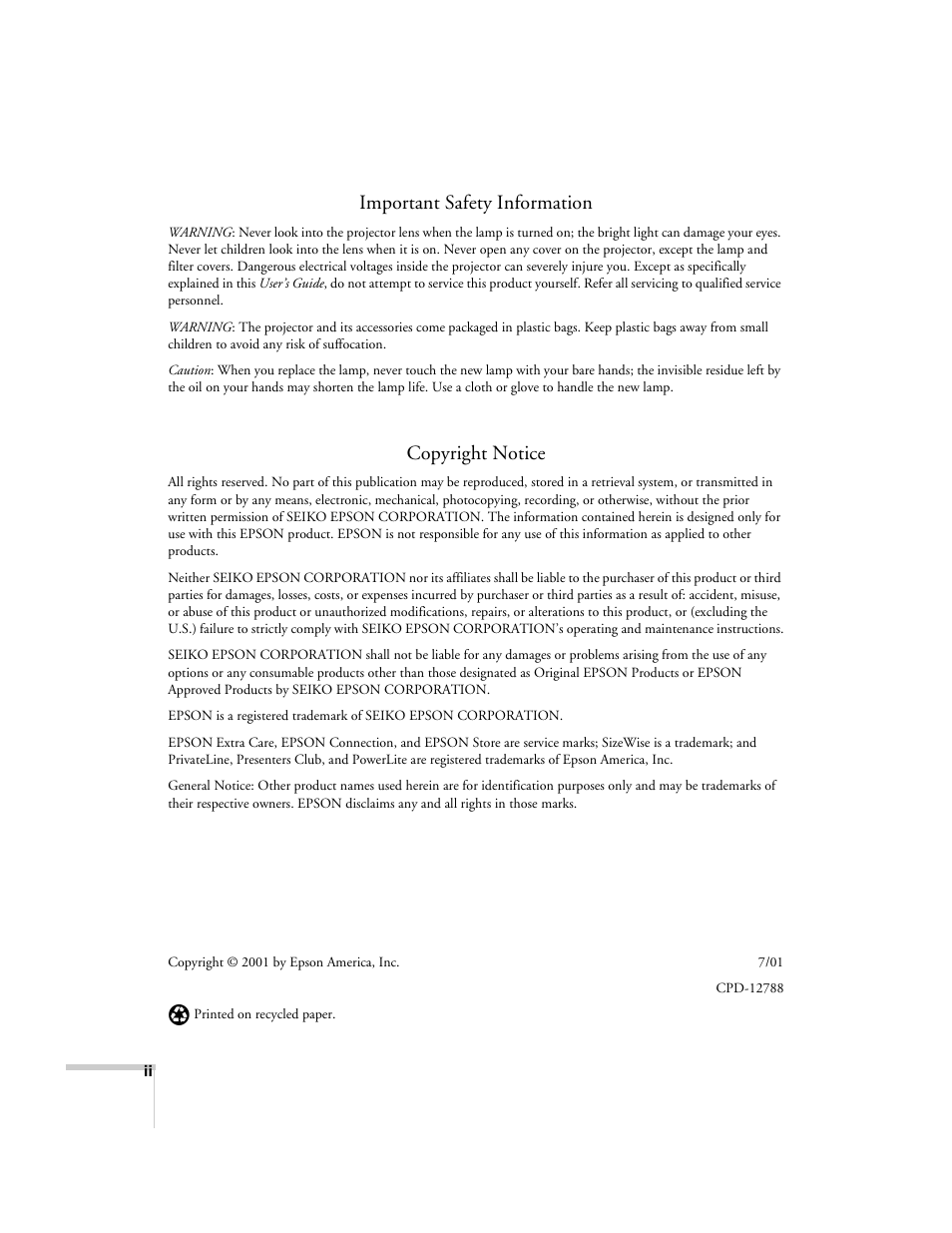 Important safety information, Copyright notice | Epson 600p EN User Manual | Page 2 / 120