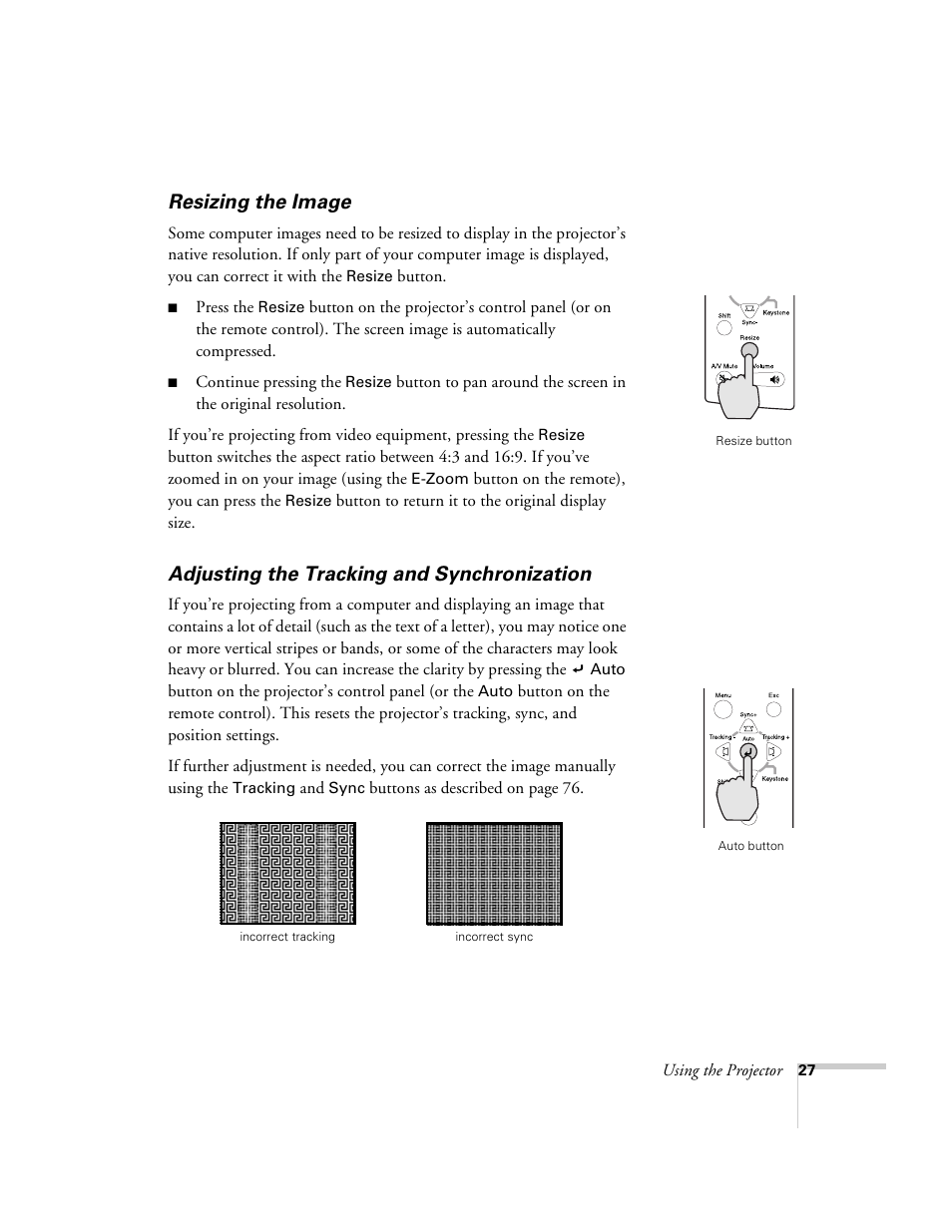 Resizing the image, Adjusting the tracking and synchronization | Epson 600p EN User Manual | Page 33 / 120
