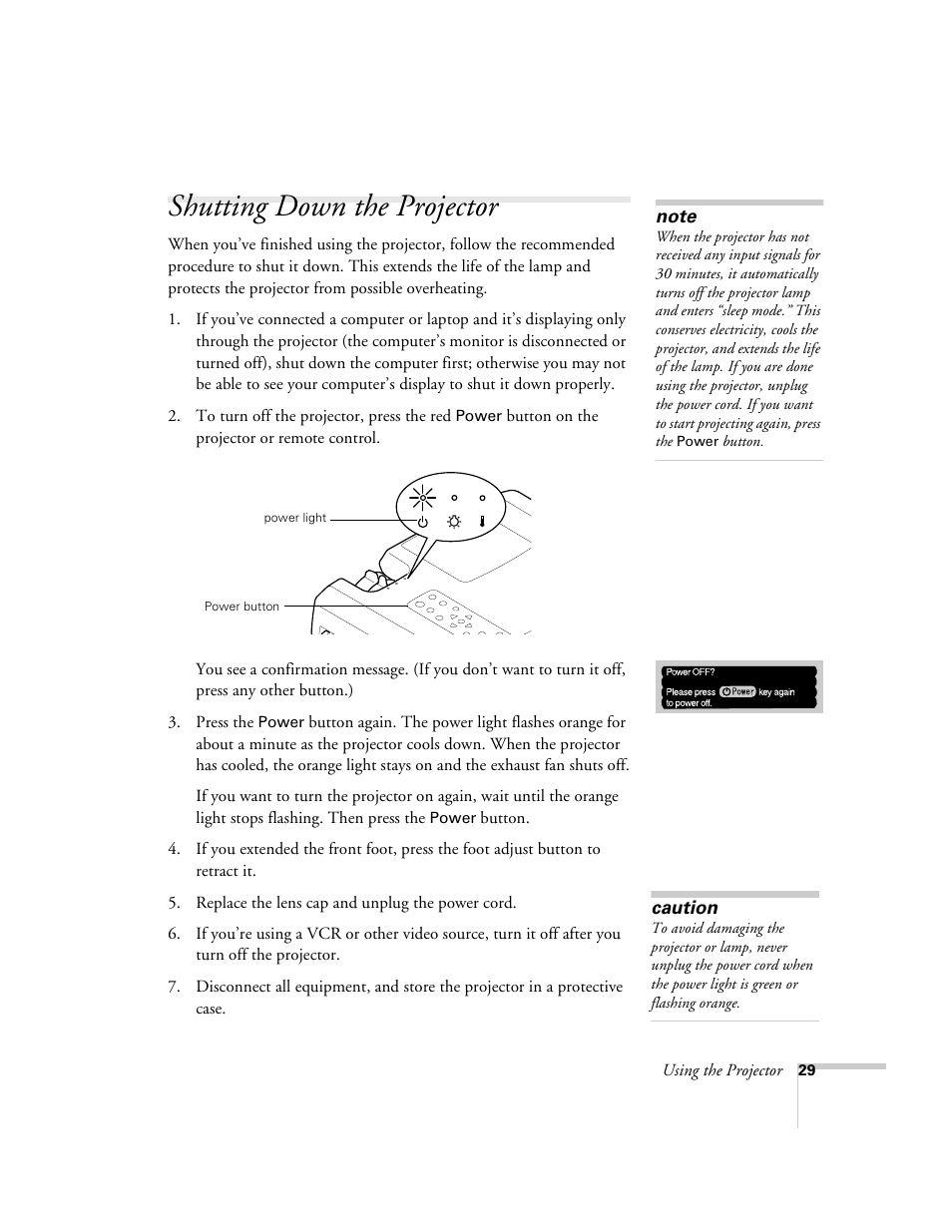 Shutting down the projector | Epson 600p EN User Manual | Page 35 / 120
