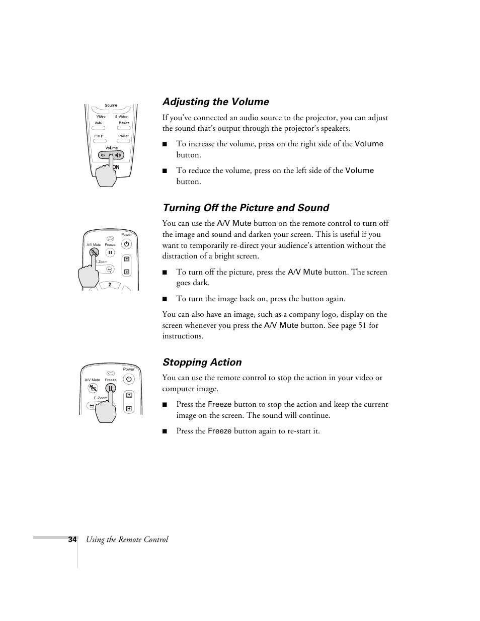 Adjusting the volume, Turning off the picture and sound, Stopping action | Epson 600p EN User Manual | Page 40 / 120