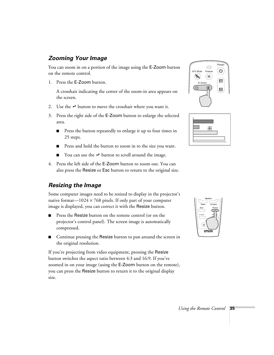 Zooming your image, Resizing the image, Zooming your image resizing the image | Epson 600p EN User Manual | Page 41 / 120