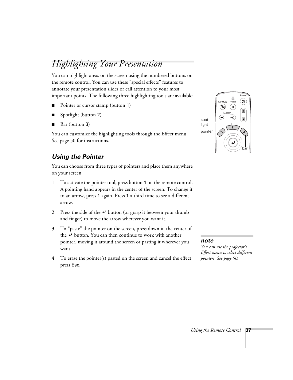 Highlighting your presentation, Using the pointer | Epson 600p EN User Manual | Page 43 / 120