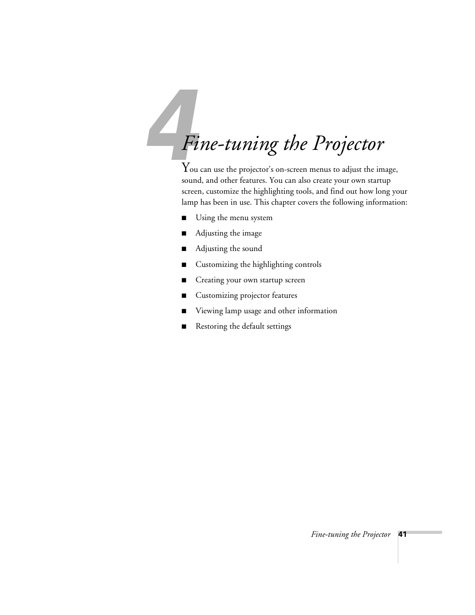 Chap 4-fine-tuning the projector, Fine-tuning the projector | Epson 600p EN User Manual | Page 47 / 120