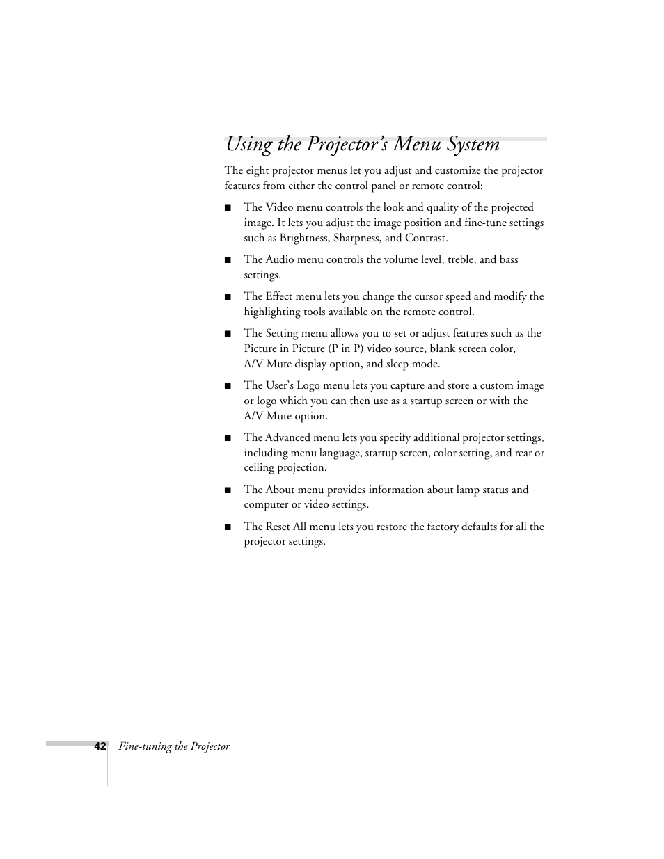 Using the projector’s menu system | Epson 600p EN User Manual | Page 48 / 120