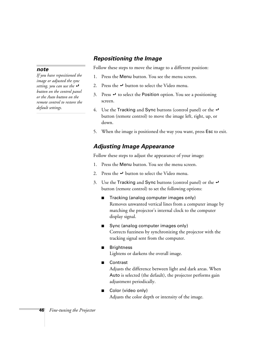 Repositioning the image, Adjusting image appearance, Repositioning the image adjusting image appearance | Epson 600p EN User Manual | Page 52 / 120