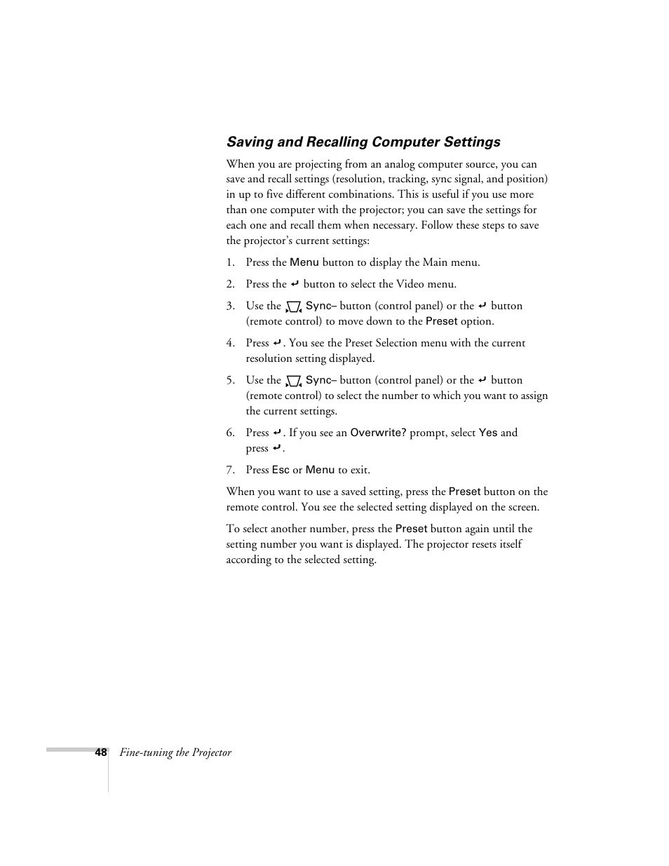Saving and recalling computer settings | Epson 600p EN User Manual | Page 54 / 120