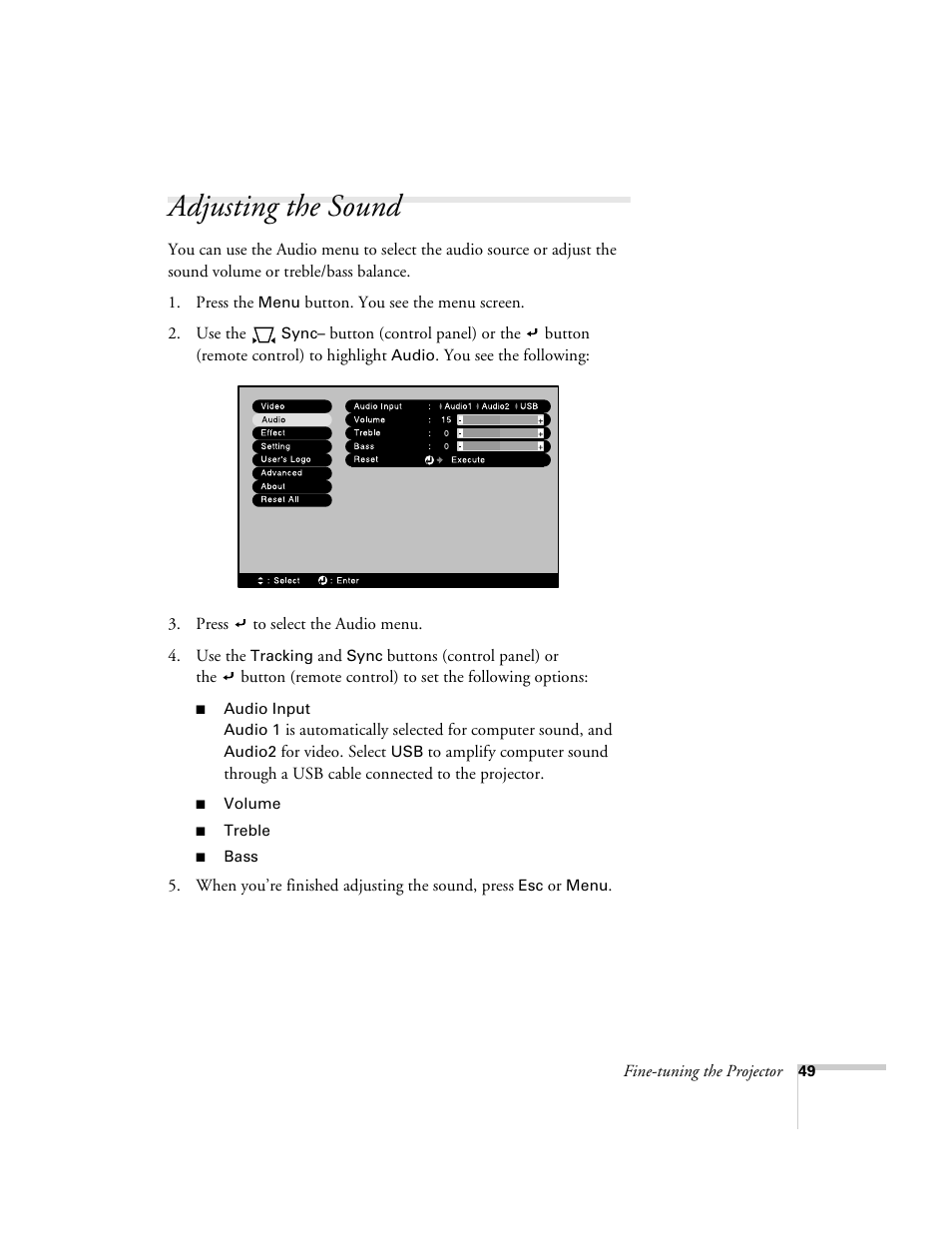 Adjusting the sound | Epson 600p EN User Manual | Page 55 / 120