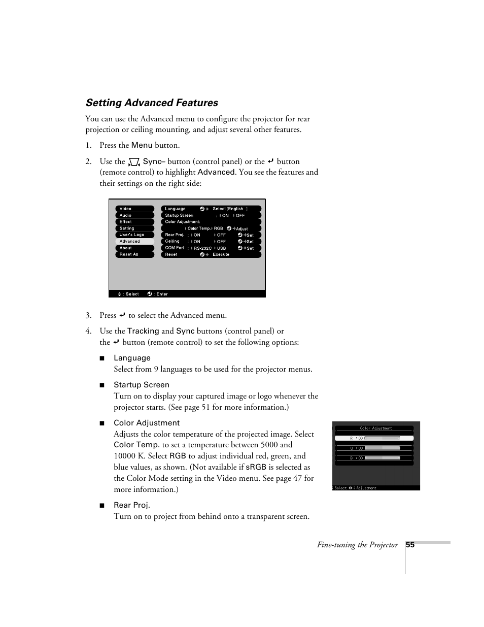 Setting advanced features | Epson 600p EN User Manual | Page 61 / 120