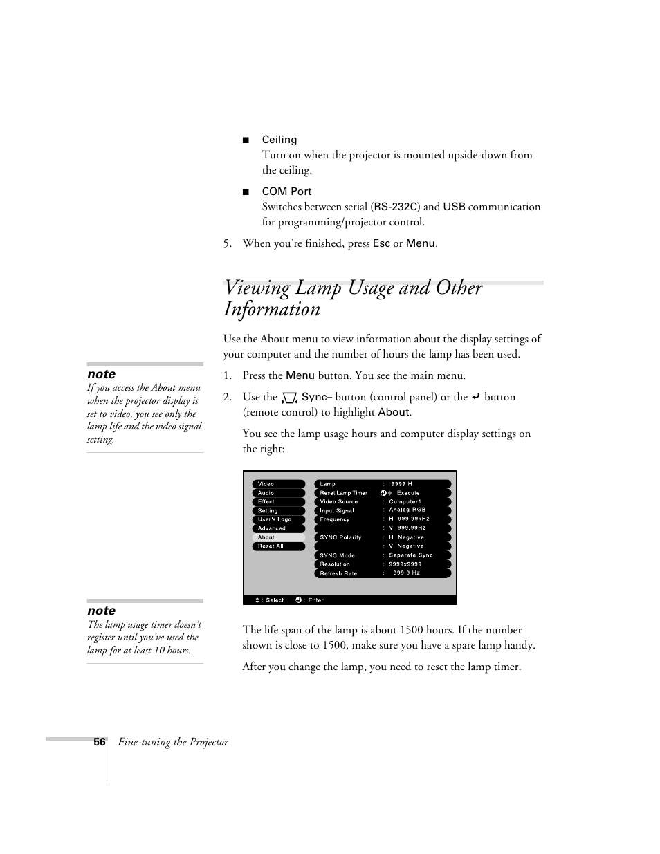 Viewing lamp usage and other information | Epson 600p EN User Manual | Page 62 / 120