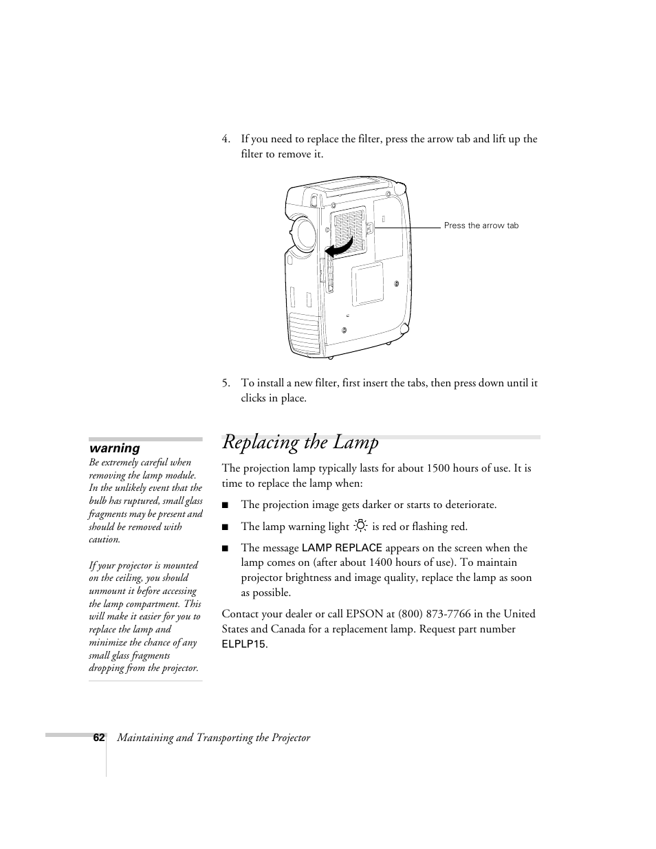 Replacing the lamp | Epson 600p EN User Manual | Page 68 / 120