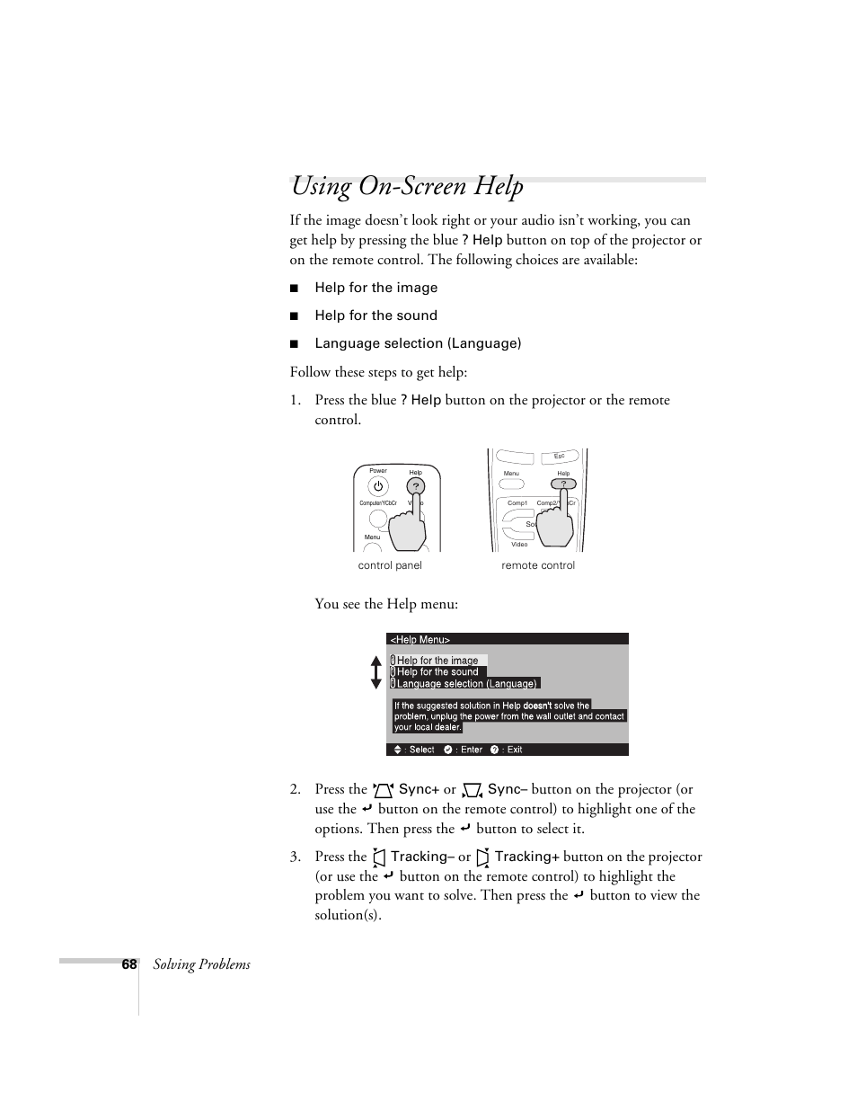 Using on-screen help | Epson 600p EN User Manual | Page 74 / 120