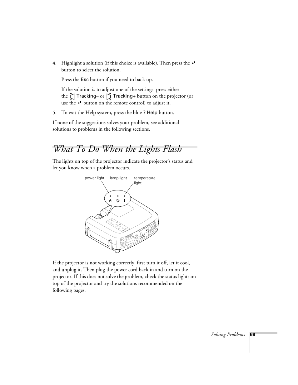 What to do when the lights flash | Epson 600p EN User Manual | Page 75 / 120
