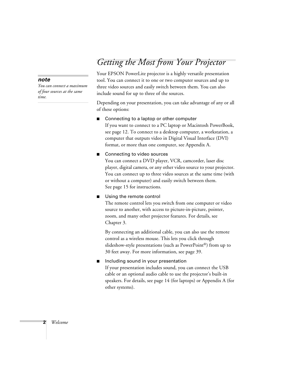 Getting the most from your projector | Epson 600p EN User Manual | Page 8 / 120