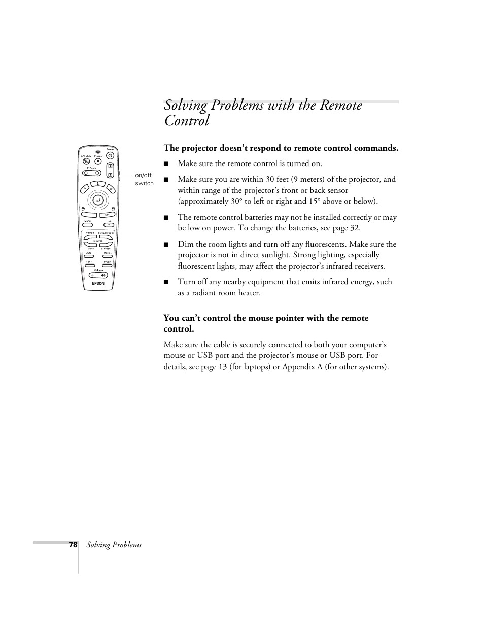 Solving problems with the remote control | Epson 600p EN User Manual | Page 84 / 120