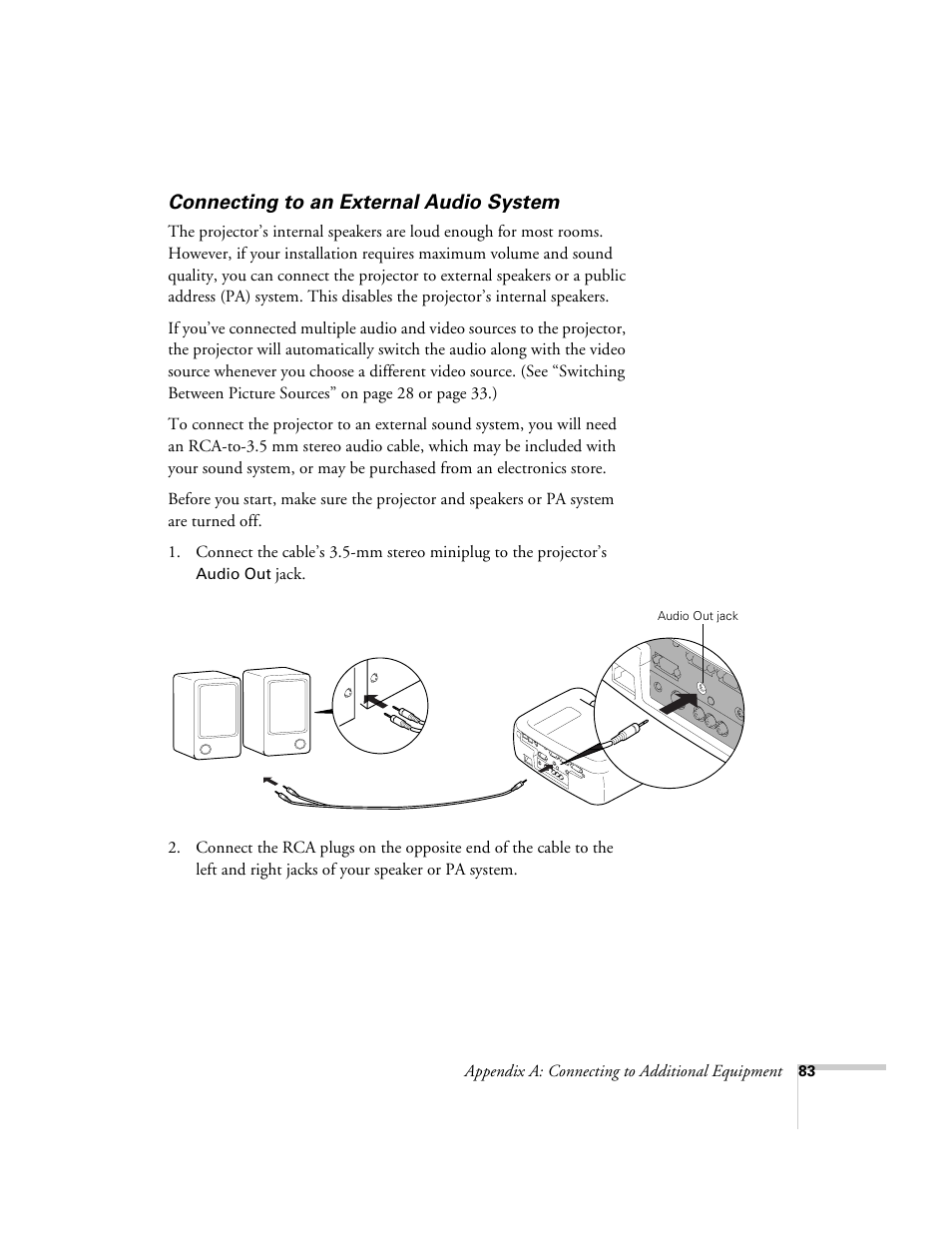 Connecting to an external audio system | Epson 600p EN User Manual | Page 89 / 120