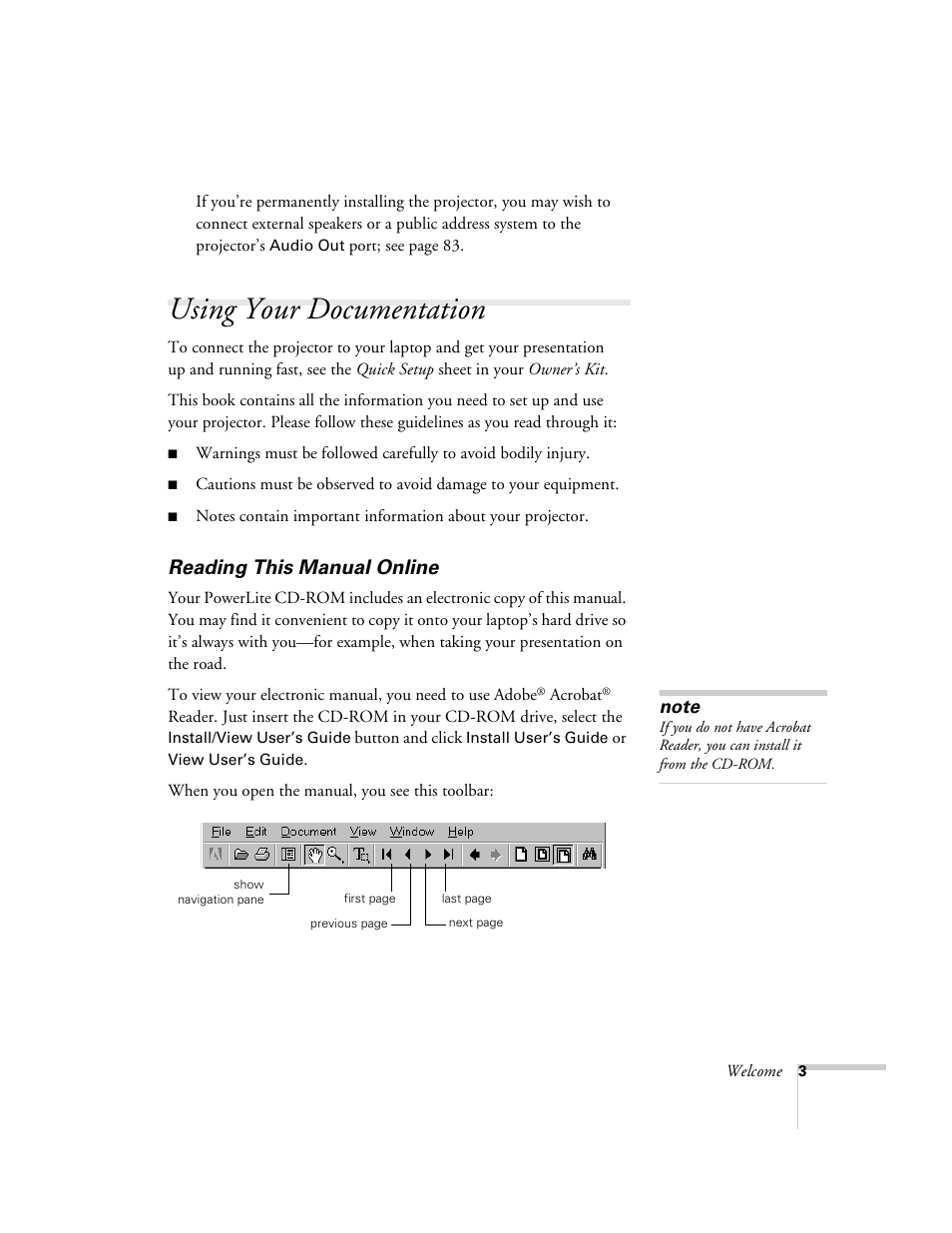 Using your documentation, Reading this manual online | Epson 600p EN User Manual | Page 9 / 120