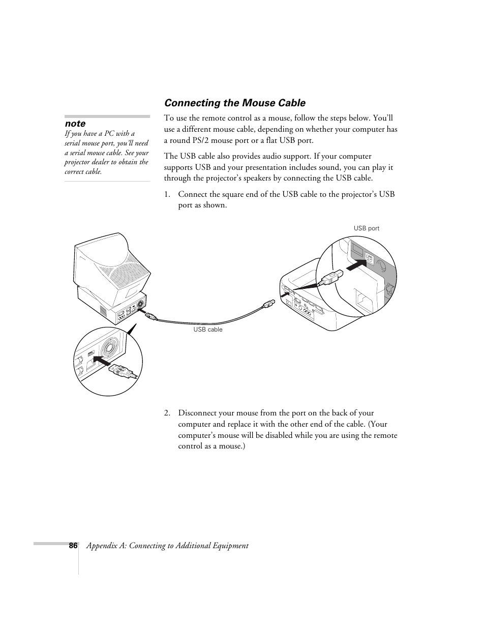 Connecting the mouse cable | Epson 600p EN User Manual | Page 92 / 120