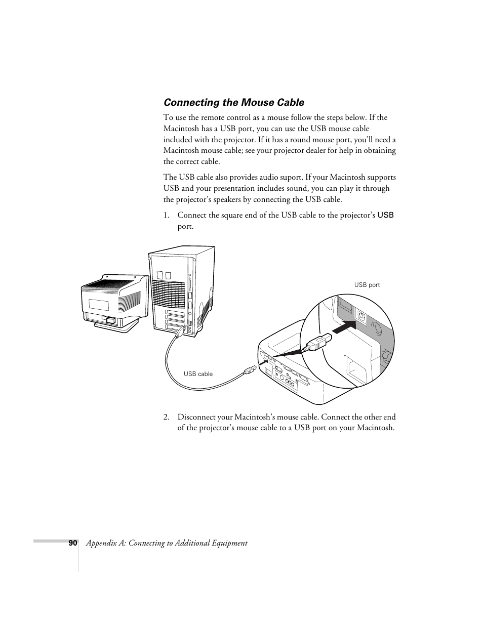 Connecting the mouse cable | Epson 600p EN User Manual | Page 96 / 120