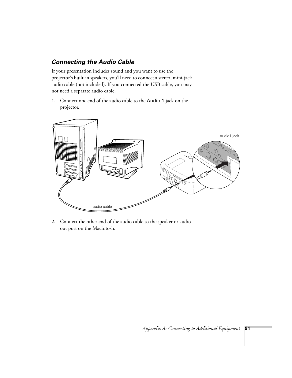 Connecting the audio cable | Epson 600p EN User Manual | Page 97 / 120