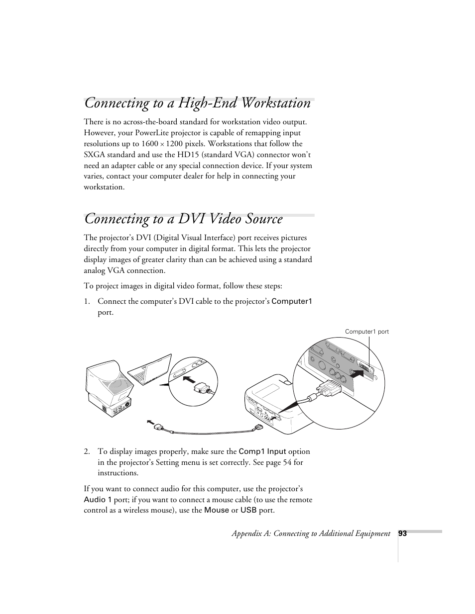 Connecting to a high-end workstation, Connecting to a dvi video source | Epson 600p EN User Manual | Page 99 / 120