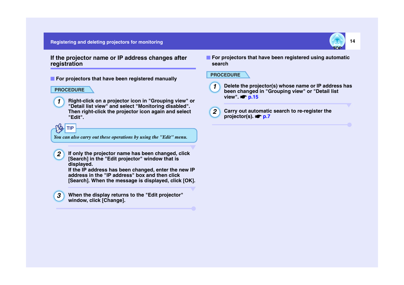 For projectors that have been registered manually, If the projector name or ip address changes, After registration | For projectors that have been registered using, Automatic search | Epson V4.10 User Manual | Page 15 / 34