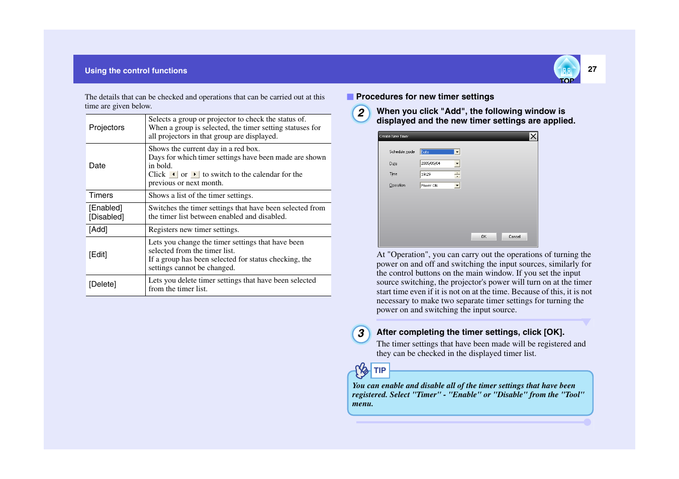 Procedures for new timer settings | Epson V4.10 User Manual | Page 28 / 34
