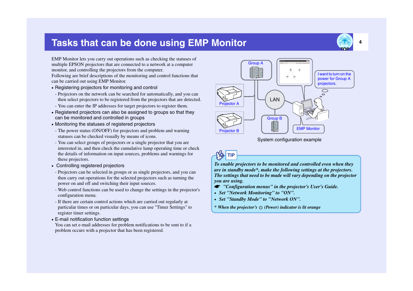Tasks that can be done using emp monitor | Epson V4.10 User Manual | Page 5 / 34